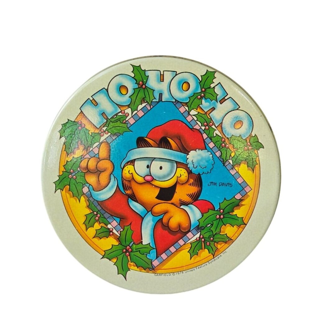 Vintage 1978 Garfield Christmas Tin Santa Ho Ho Ho Collectible